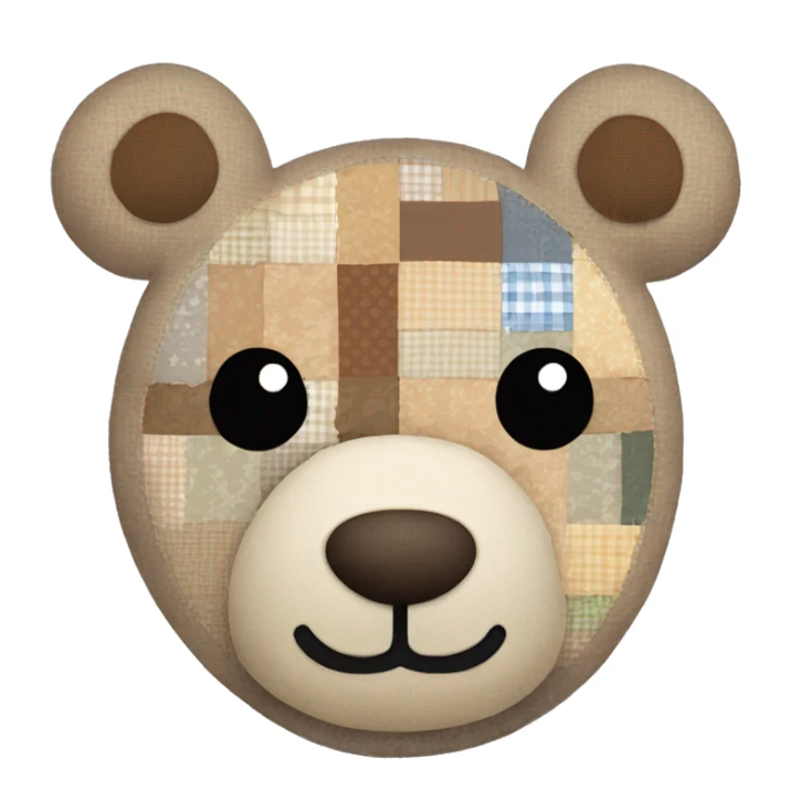 Patchwork teddy bear in neutral colours, with seams coming unstitched and button eyes  sticker