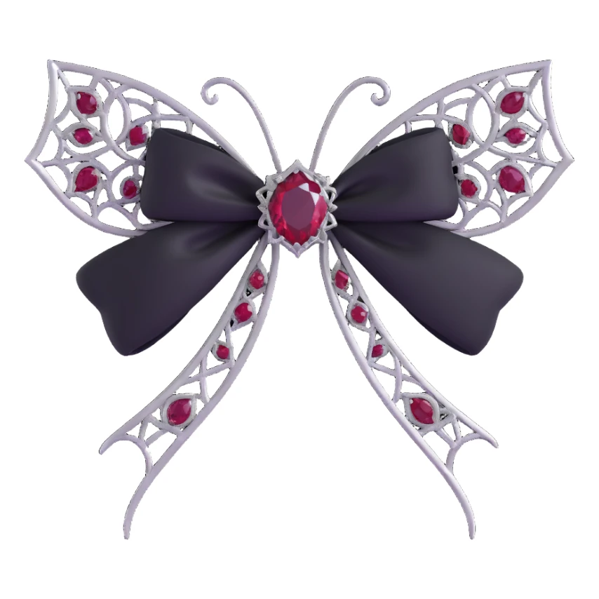 gothic bow, black velvet, silver spiderweb filigree, deep ruby gemstone, ornate and dramatic sticker