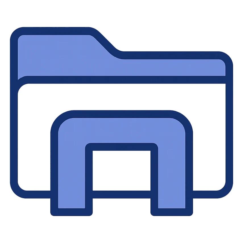 Fuse the blue folder icon with the File Explorer icon. Use the blue folder as the base and add the blue 'bridge' element from the File Explorer icon to the front of the folder. Keep the style flat and modern, with a fully transparent background. Prioritize clarity, recognizability, and consistency with the other icons. sticker