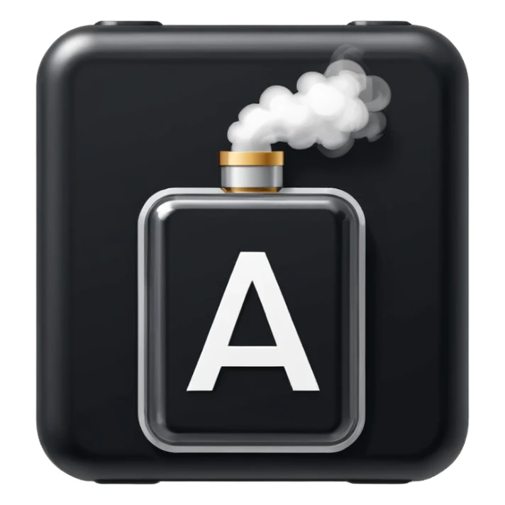 Pixel-art icon, letter [А], designed as mini vape pod. Square canvas, same style as other letters. Black/metallic, flat vector, white outline. sticker