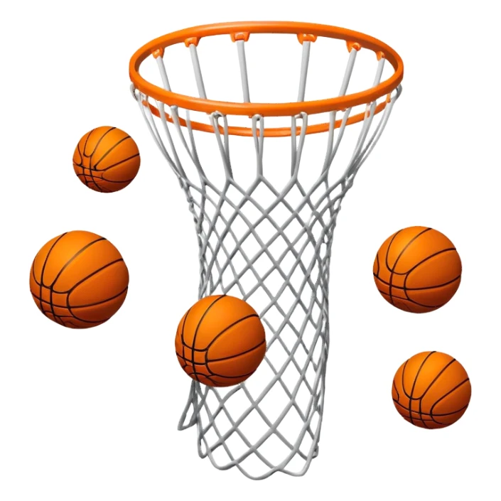 Multiple exposure effect showing basketball at different positions going through net, motion sequence, iOS emoji style sticker