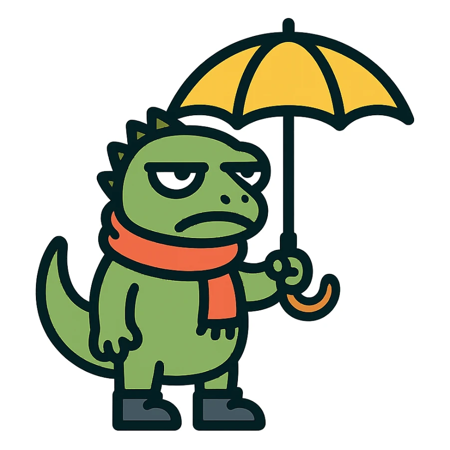 lizard wearing shoes and a scarf, holding an umbrella, grumpy expression sticker