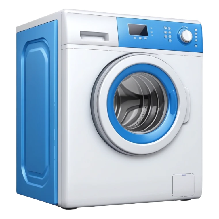 white washing machine with blue door and control panel sticker