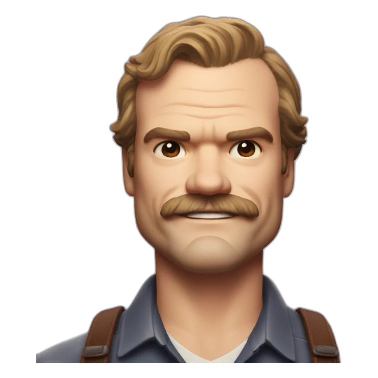 David Harbour smiling with a moustache sticker
