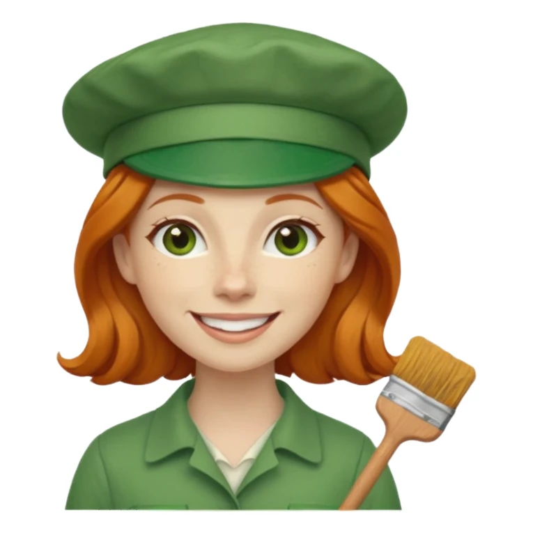 smiling ginger woman with a green painter's hat sticker
