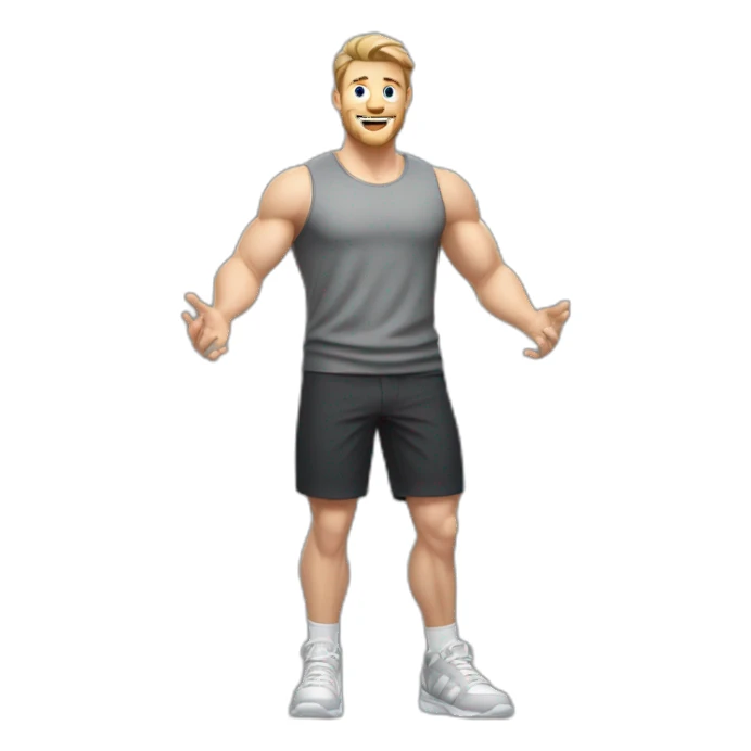 Full height Actively gesturing with hands Pale skinned Fit Man With the biceps and light brown hair with Bristle in dark gray Sleeveless Mike, black oversize sports shorts and white Sneakers sticker