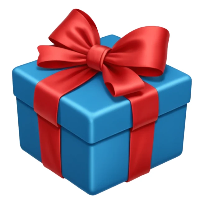blue box with a red bow sticker