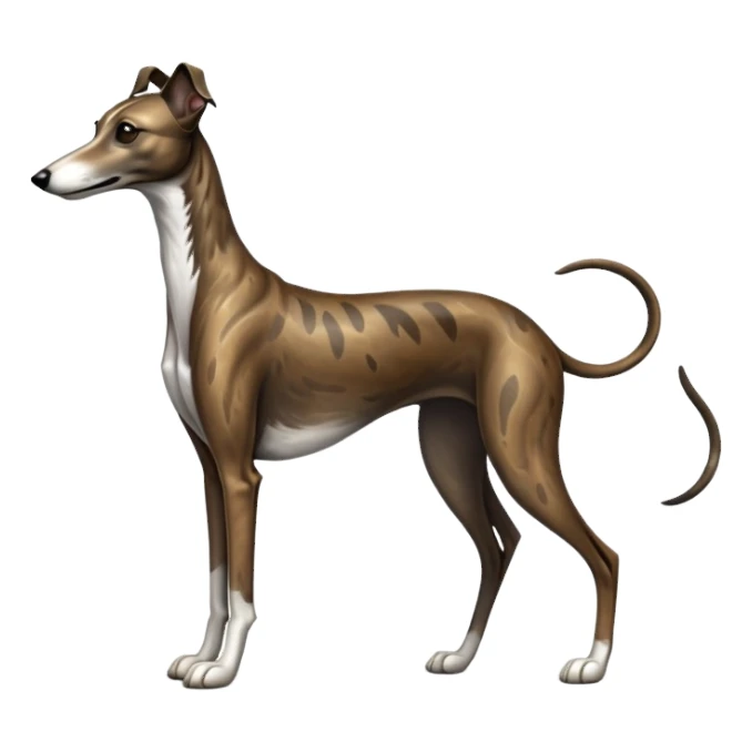 cinematic-[brindle greyhound]-realistic-full-body-standing-emoji,-tail-resting-loosely-beside-its-paws,-head-tilted-dramatically, -sleek-[dark brindle]-fur,-simplified-yet-realistic-focused-features,-highly-detailed,-glowing-with-an-almost-sarcastic-glow sticker
