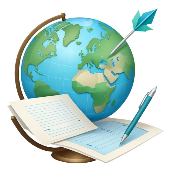 Create an emoji representing language translation. The design should feature a globe in the background, symbolizing international communication. In front of the globe, place two books or sheets of paper with texs on them and a pen nearby to indicate the act of writing. Add two simboloic arrows pointing in opposite directions between the sheets to represent the translation process. Use a clean and professional color palette with blues, greens, and neutral tones. Make the background transparent. sticker