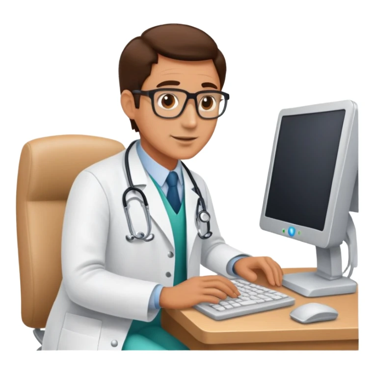 doctor at a computer communicating with a patient sticker