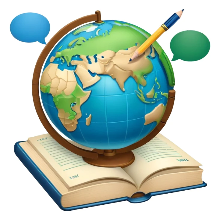 An icon featuring a globe with speech bubbles in different languages, symbolizing the study of foreign languages. The design includes a book and a pencil, representing learning and communication across cultures. Transparent background highlights the global nature of language education. sticker