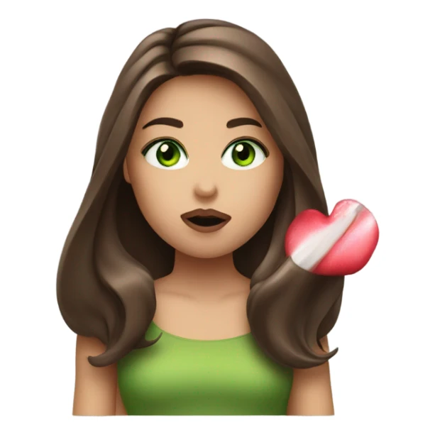 Pretty girl with green eyes and long brown straight hair blowing a lipstick kiss sticker