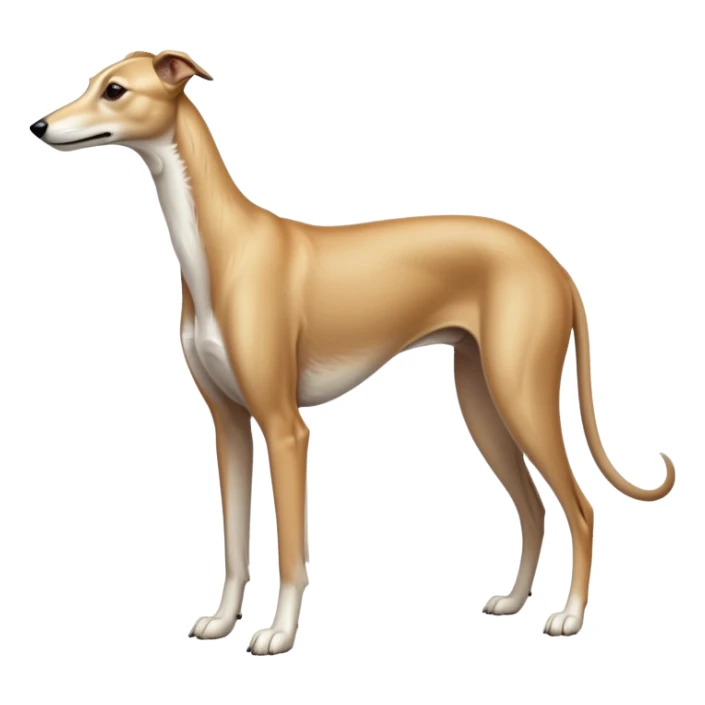 cinematic-[fawn greyhound]-realistic-full-body-standing-emoji,-tail-resting-loosely-beside-its-paws,-head-tilted-dramatically, -sleek-[light fawn]-fur,-simplified-yet-realistic-focused-features,-highly-detailed,-glowing-with-an-almost-sarcastic-glow sticker