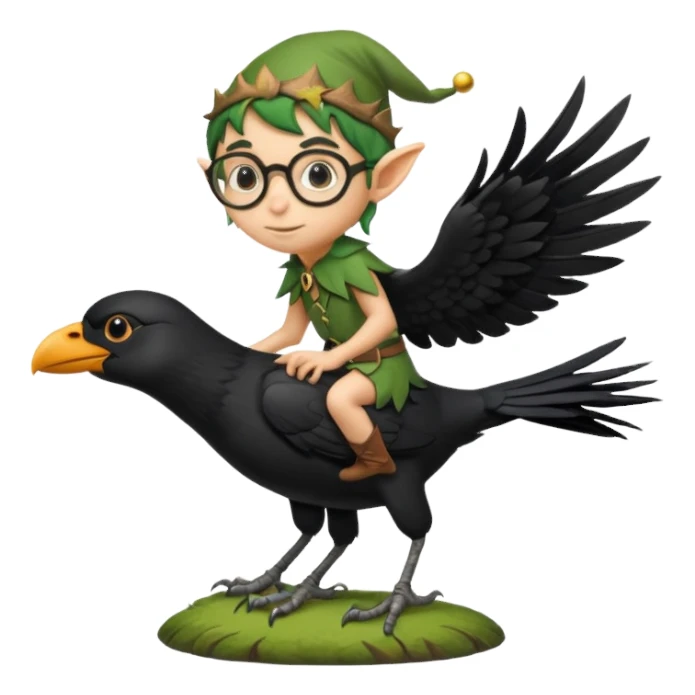 tiny forest elf with round glasses riding crow sticker