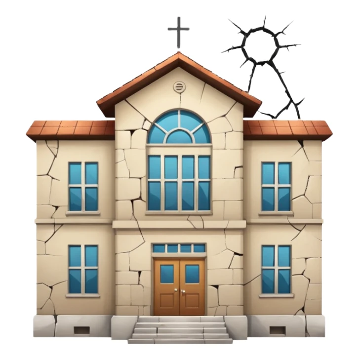 Abandoned school, cracked walls, broken windows, no background, simple style, minimal details sticker