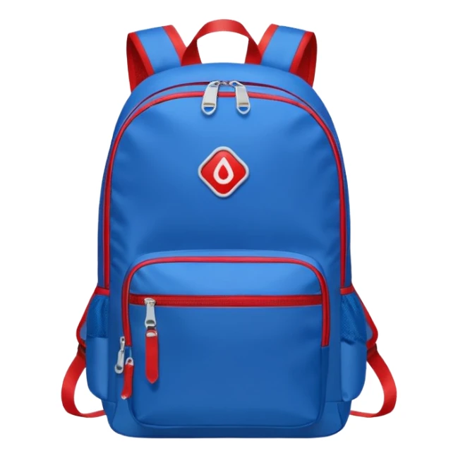 blue backpack with two diveded logo (leftside white, right side red) at the bottom pocket

 sticker