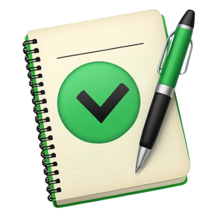 Notes book with pen and massive green tick sticker
