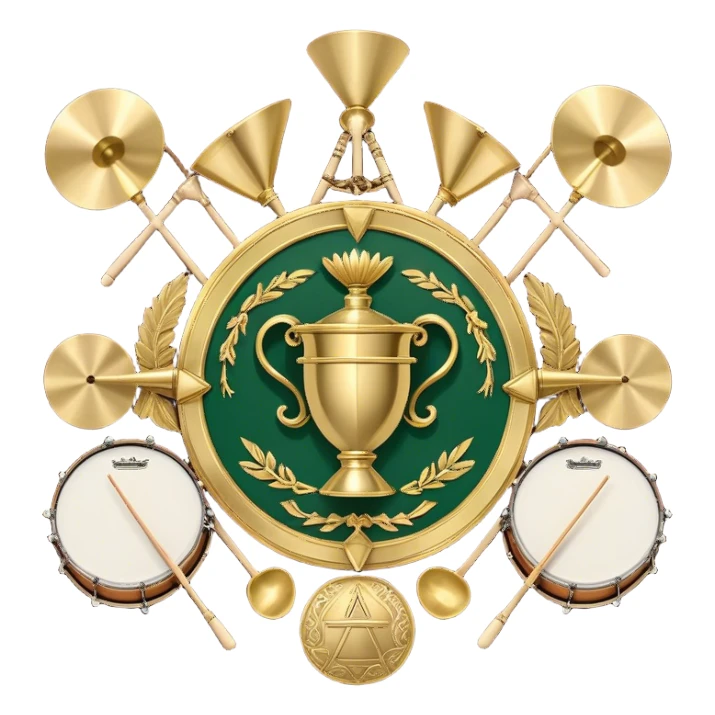 Create a heraldic, festive, and professional emblem-like emoji representing percussion instruments. The design should resemble a traditional crest, featuring a range of percussion instruments like cymbals, triangle, tambourine, maracas, timpani, and other traditional and folk percussion instruments. Arrange them symmetrically, with elements like cymbals crossing each other, a triangle at the center, and timpani or drums flanking the sides. The instruments should be depicted with metallic and wooden tones—shiny brass for cymbals, silver for the triangle, and rich wood or polished bronze for drums. Include ornate details like engraved patterns on the instruments, decorative swirls or laurels, and subtle accents to add elegance and festivity to the composition. The overall design should be cohesive, balanced, and visually striking, suitable for use as a prestigious emblem. The background should be transparent. sticker
