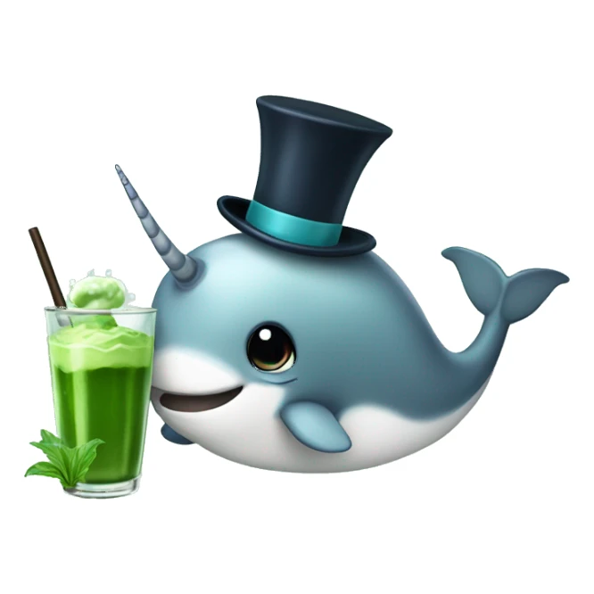 Narwhal with top hat drinking a matcha sticker