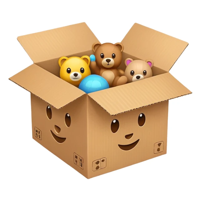 cardboard box with toys sticker