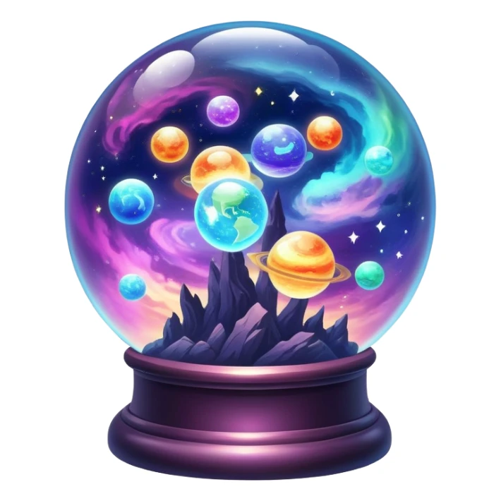 Tiny mystical mysterious sparkly cloudy magical glowing spherical nebula planets inside a glass globe dome sticker