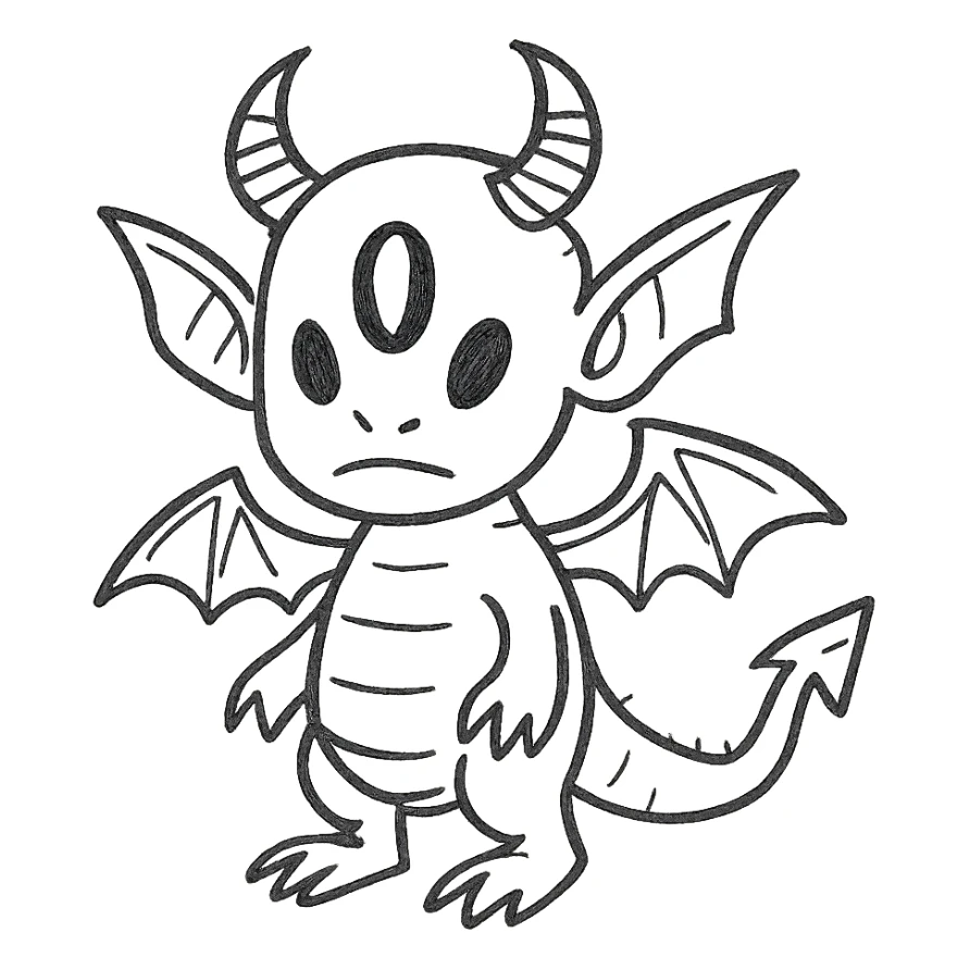 hand-drawn outlined kid dragon with demon and alien features sticker