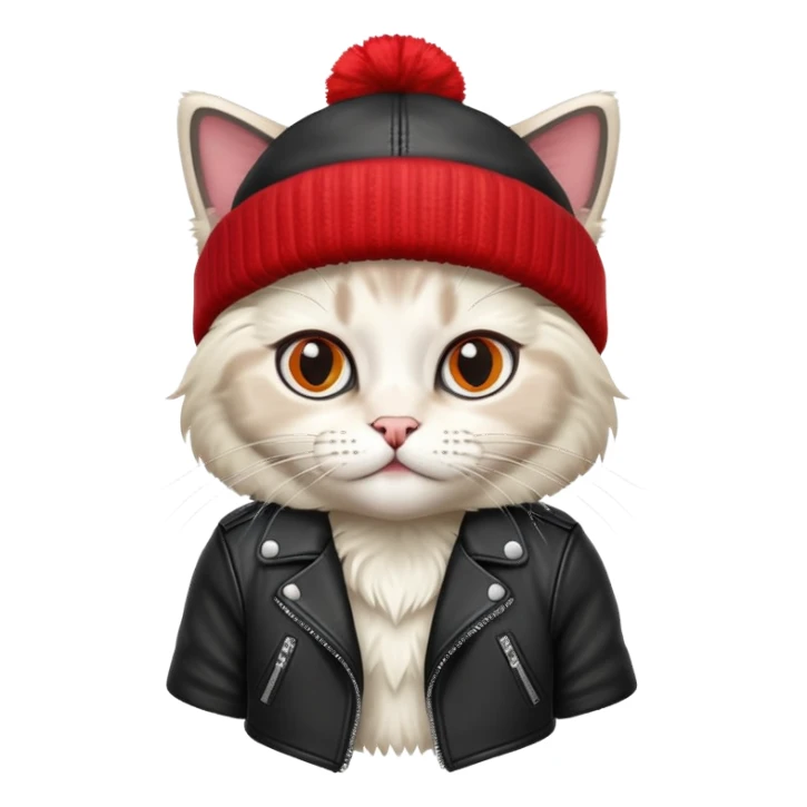 Ragdoll cat wearing a leather jacket and a beanie sticker