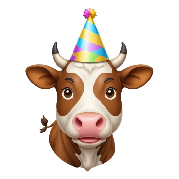 A cow with a party hat sticker
