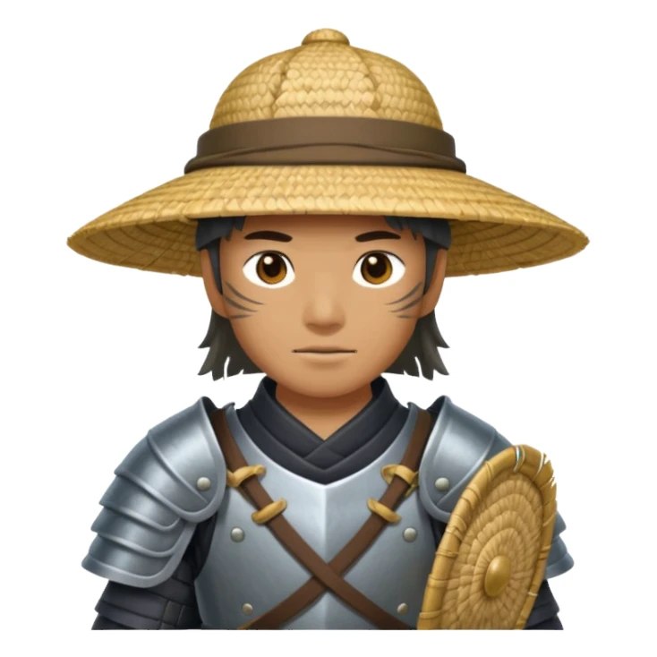 Samurai with straw hat, Warrior in armor holding wide hat sticker