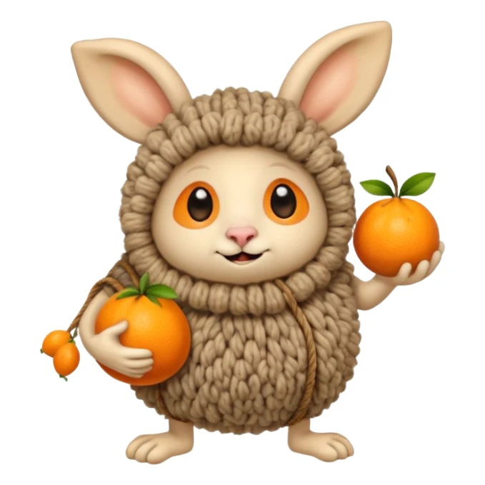 Смешной зверёк, сделанный из шерсти, с большими круглыми глазами, большими мохнаиыми ушами, пузатенький, на кривых волосатых ножках, в волосатых ручках авоська с апельсинами. sticker