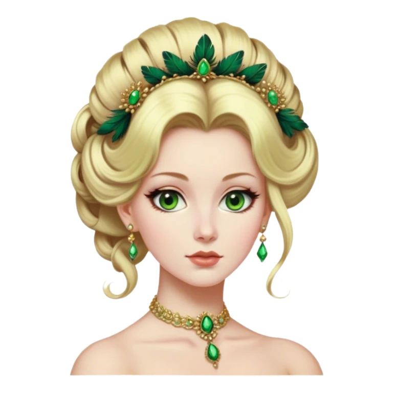 lady with Pale complexion, sharp features, high cheekbones, Blonde hair, green eyes, feathered ornaments, Regency-era elaborate updo with voluminous hairstyle sticker