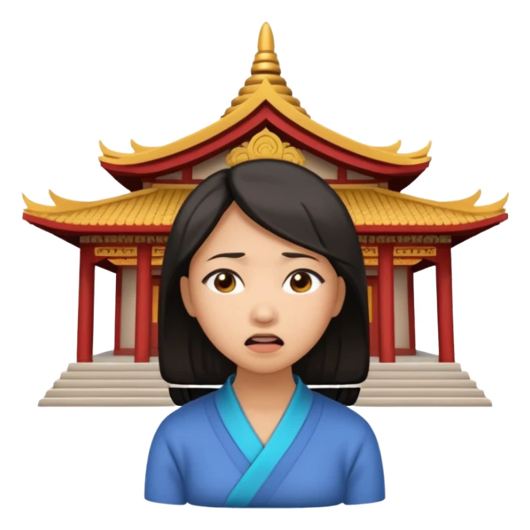 Asian woman agonizing over temple sticker