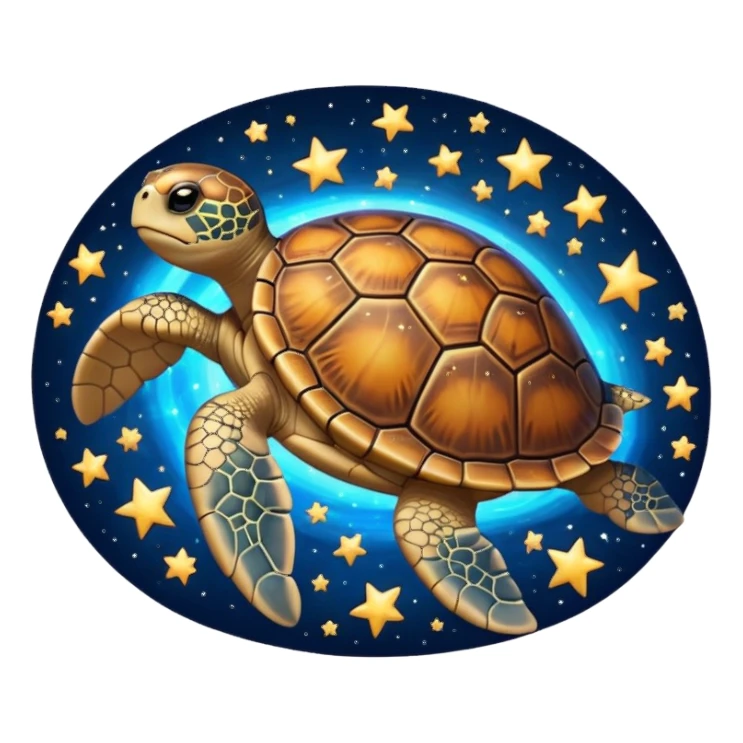 Quasar Turtle emoji – full body, large turtle with a smooth glowing shell shaped like a cosmic quasar, simple light effect in the center of the shell, stars in the shell, no patterns, no aura, slight side angle, no background
 sticker