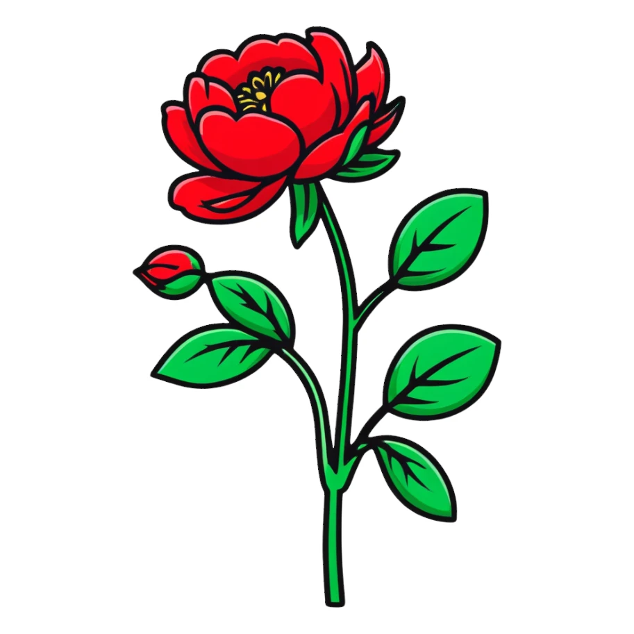 A single red peony flower with green leaves sticker