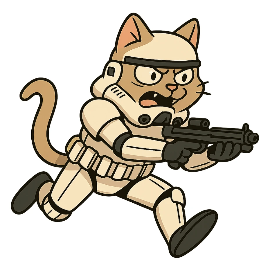 stormtrooper cat leaping forward in battle sticker