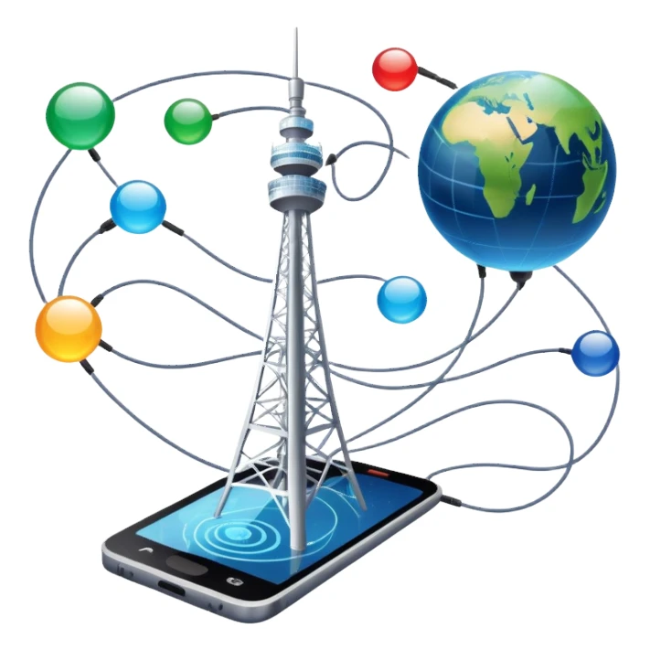 An icon featuring a communication tower with signal waves, satellites in orbit, and fiber optic cables. The design includes a smartphone, message bubbles, and a globe with connection lines, symbolizing global communication networks. Transparent background  sticker