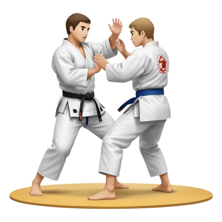 Two judo practitioners in traditional gi, one executing a powerful throw while the other is countering with a defensive move. The background features a judo mat and a focused dojo atmosphere. Transparent background highlights the precision and technique of judo. sticker