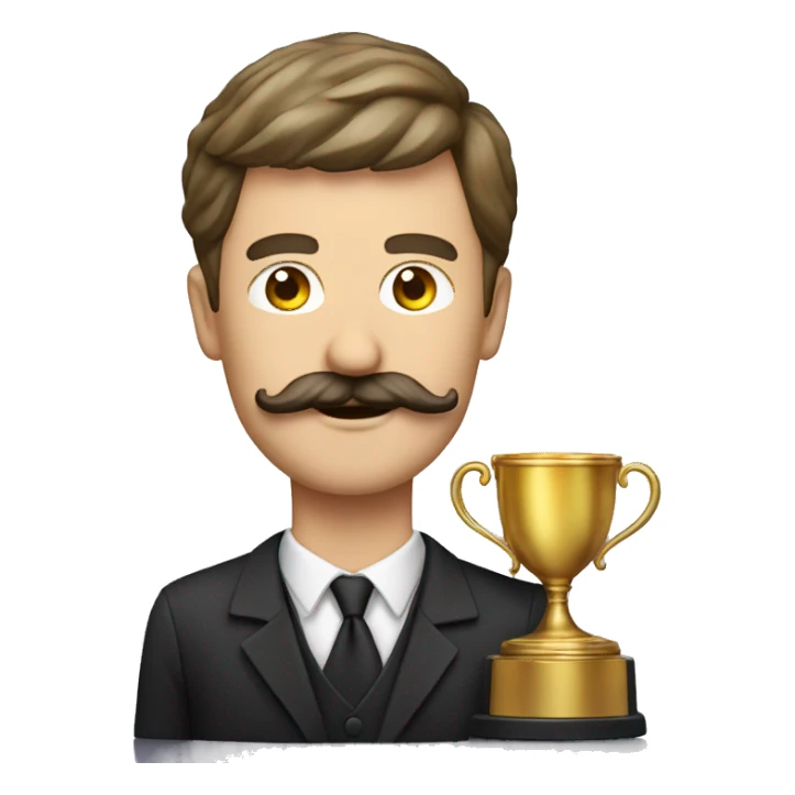 mustached man with winner trophy sticker