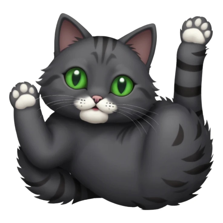 solid dark grey cat with green eyes, completely solid grey face, white toes/paws playing rolling upside down sticker