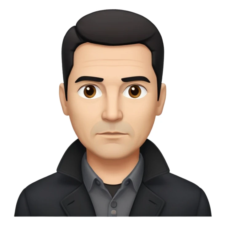 Broad-shouldered Hispanic man in his 50s, light brown complexion, square face with defined jawline, short straight black hair combed back with faded sides, thick eyebrows, black coat with gray buttoned-up shirt sticker