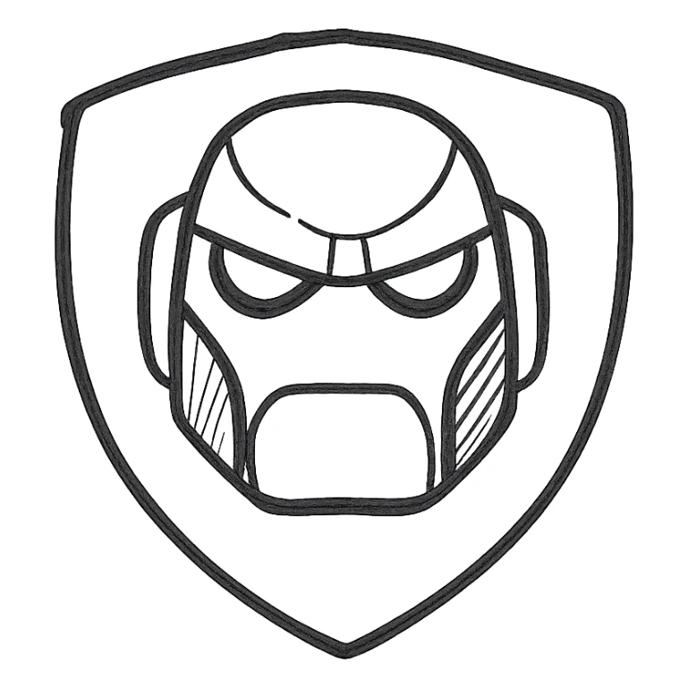 Create a badge symbol featuring the robot's face from the reference image, preserving enough detail for recognizability. Place the face within a badge or shield shape. Use a transparent background. The style is hand drawn icon with no fill, suitable for clear and simple badge design. sticker