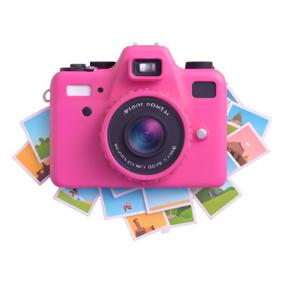 a pink camera with photos floating around it sticker