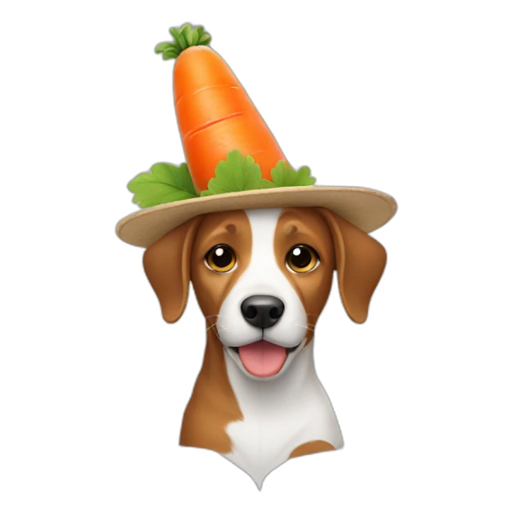 dog holding carrot with a hat sticker