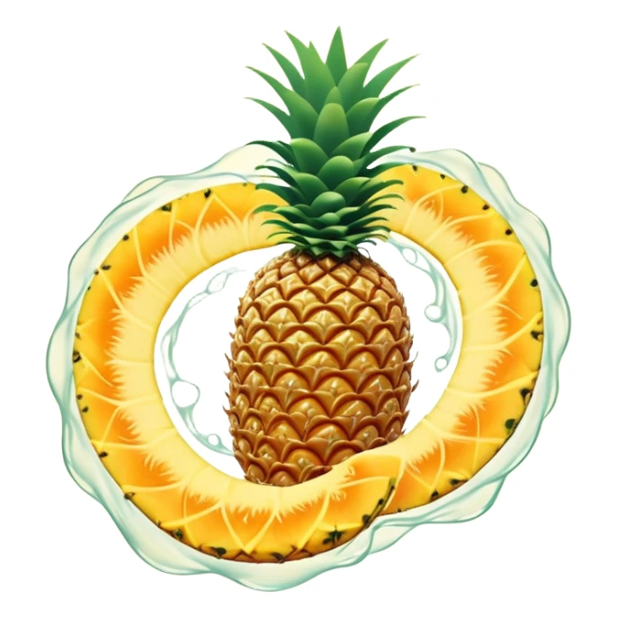 Golden pineapple slices, translucent papaya, and ginger roots floating around a spiraling ethereal stomach. Flowing streams of light moving through the digestive system, dissolving blockages and creating a sense of lightness and clarity. sticker