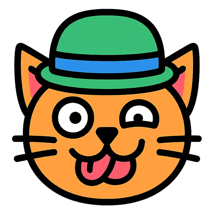 A cat wearing a hat with a very funny face sticker