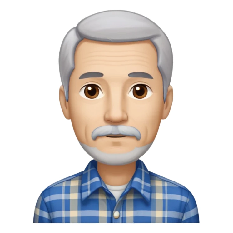 Thin older Hispanic man with light complexion. Elongated slim face with wise expression. Relaxed brown eyes. Long straight fine gray-white hair that covers the ears with soft fringe in front. White mustache connected to chin beard. Lean physique. Wearing a beige and blue plaid long-sleeved shirt. sticker