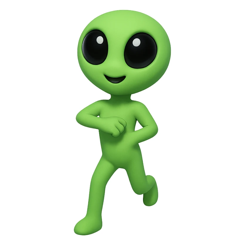 Create a neon green alien dancing, almost identical to the reference image, with minimal changes in the positions of arms and legs, looking straight ahead. This is frame 11 of the animation. PNG with transparent background. sticker