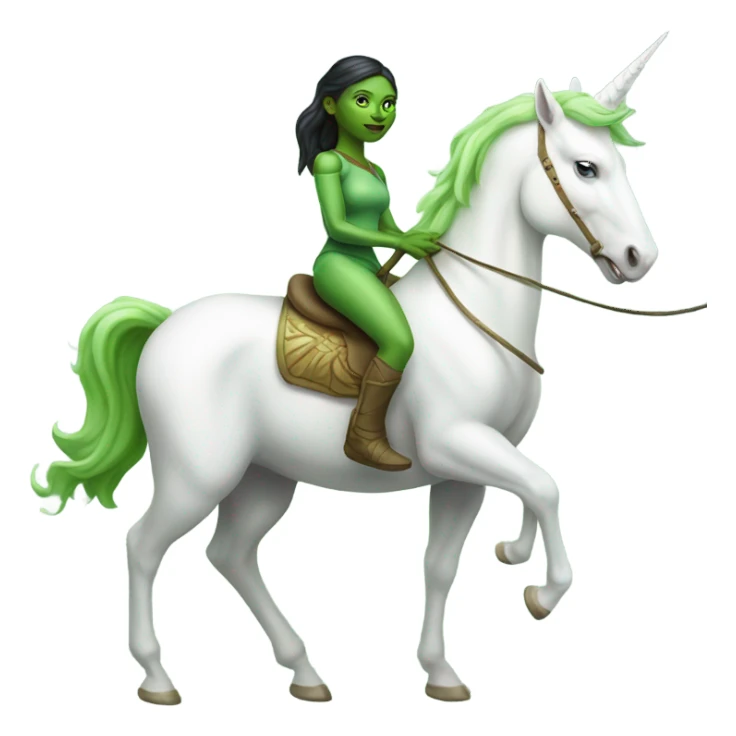 a green amazon alien woman on a four-legged white unicorn sticker