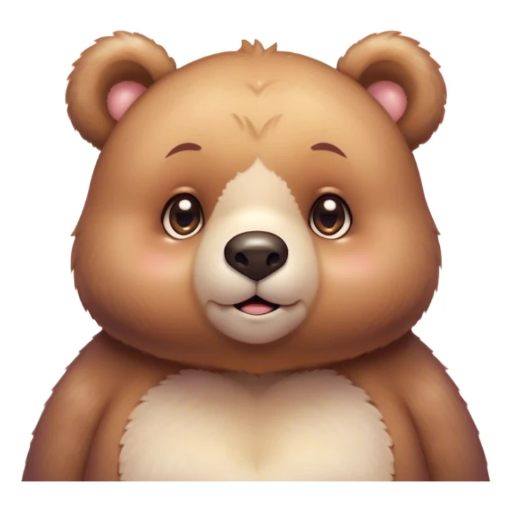 Cinematic cute soft bear, chubby round face, tiny ears, warm fuzzy fur, blushing cheeks, sparkling kind eyes, soft glowing background, heartwarming and huggable. sticker