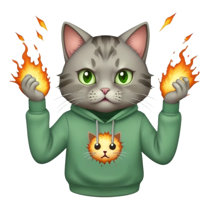 A cat in a green sweatshirt with exploding brains sticker